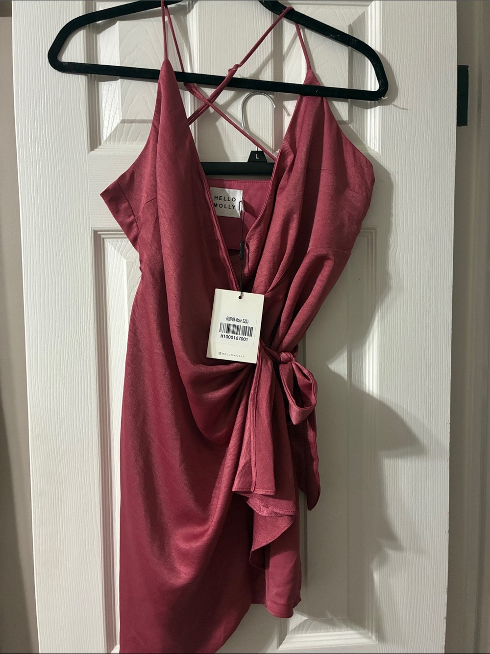 Hello Molly Rose Pink One-Shoulder Satin Wrap Dress with Side Tie